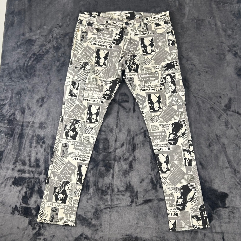 Golden Denim Cargo Pants Mens 36 White Newspaper Print Hollywood  Streetwear